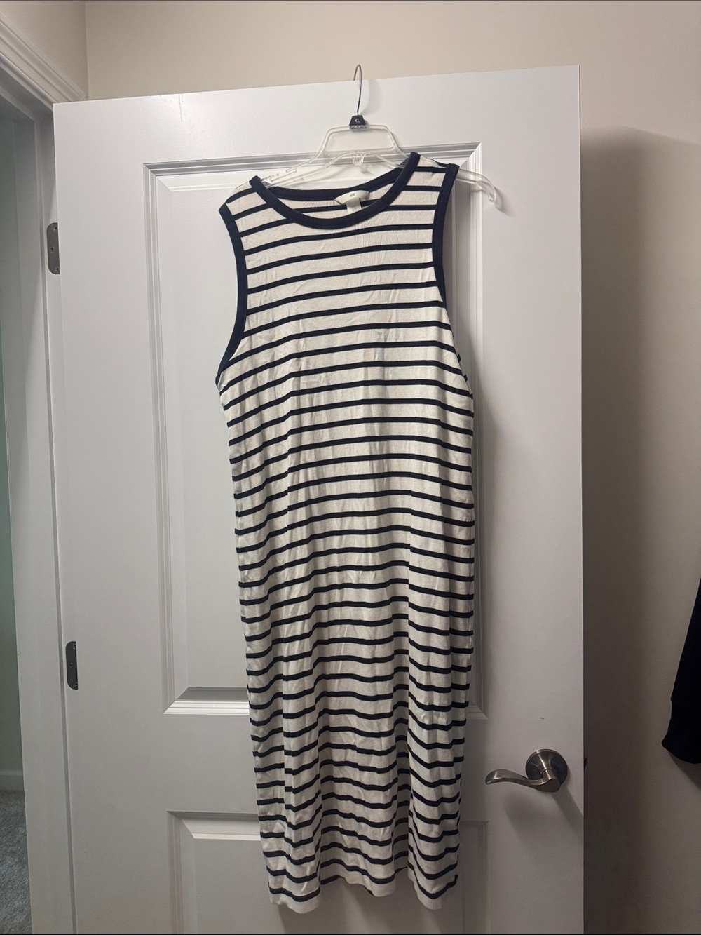 H&M White and Navy Sleeveless Striped Midi Dress